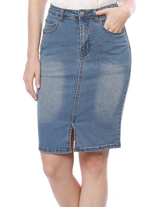 Women Slant Pockets Split Trim Washed Denim Pencil Skirt Dress Blue S (US 6)