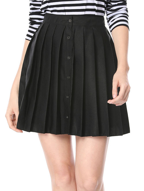 Unique Bargains Women's Pleated Button Down Above Knee A-line Skirt