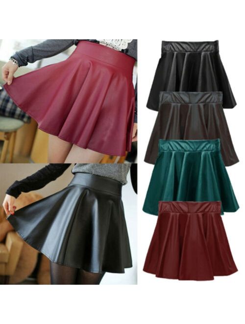 Women Ladies High Waist Faux Leather Pleated Flared Skater Party Club Mini Skirt