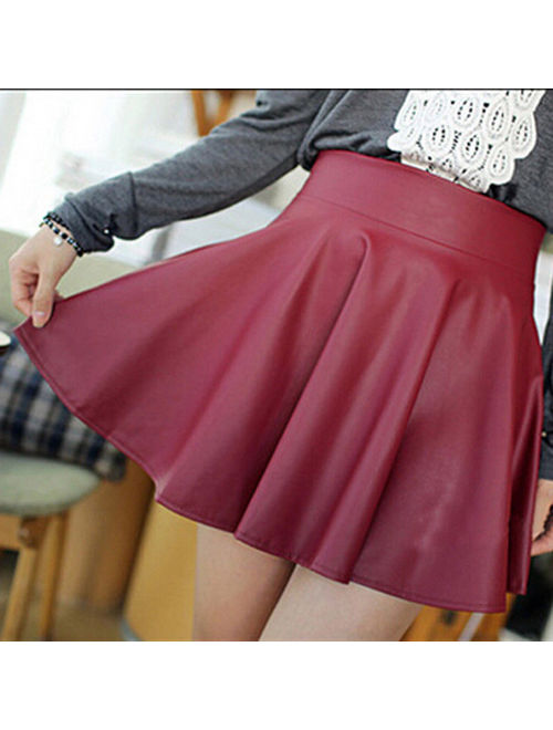 Women Ladies High Waist Faux Leather Pleated Flared Skater Party Club Mini Skirt
