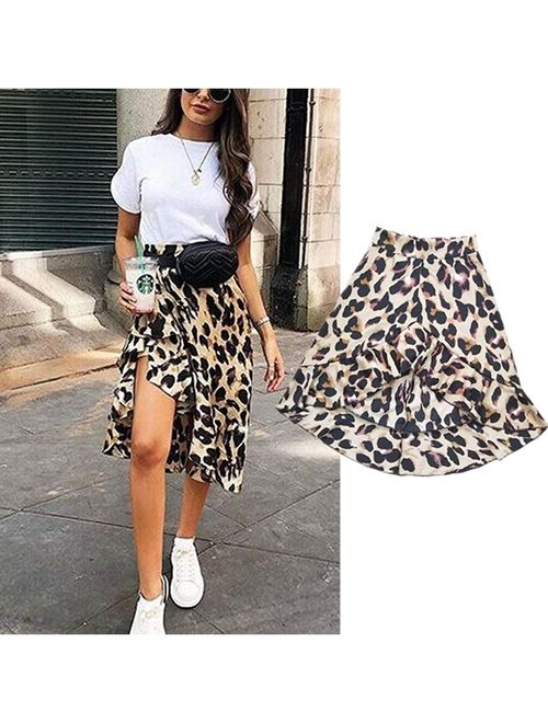 Women High Waisted Asymmetric Stretch Leopard Skirt Party Mini Bodycon Skirt Aletter