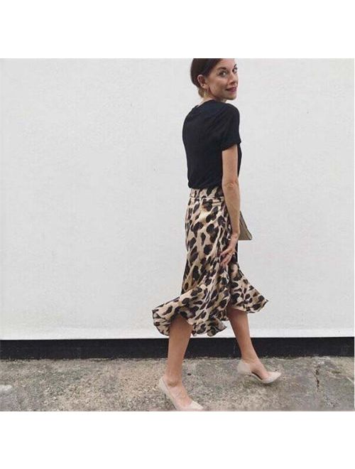 Women High Waisted Asymmetric Stretch Leopard Skirt Party Mini Bodycon Skirt Aletter