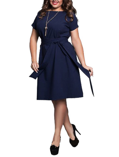 Nicesee Womens Plus Size Solid Color Short Sleeve Belt Dress Evening Party Cocktail