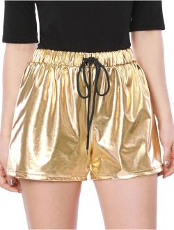 Women Drawstring Elastic Waist Metallic Shorts Gold Tone L (US 14)