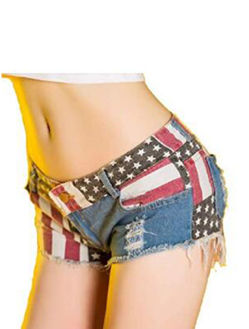 Women Ripped Denim Jean Shorts American Flag Print Mid Rise Frayed Raw Hem Short Mini Zipper Casual Summer Hot Pants