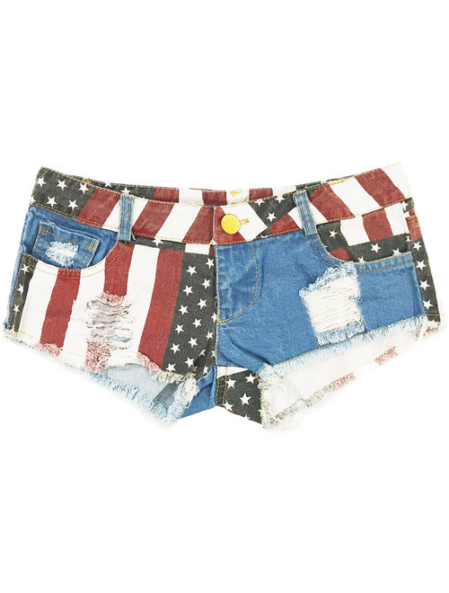 Women Ripped Denim Jean Shorts American Flag Print Mid Rise Frayed Raw Hem Short Mini Zipper Casual Summer Hot Pants