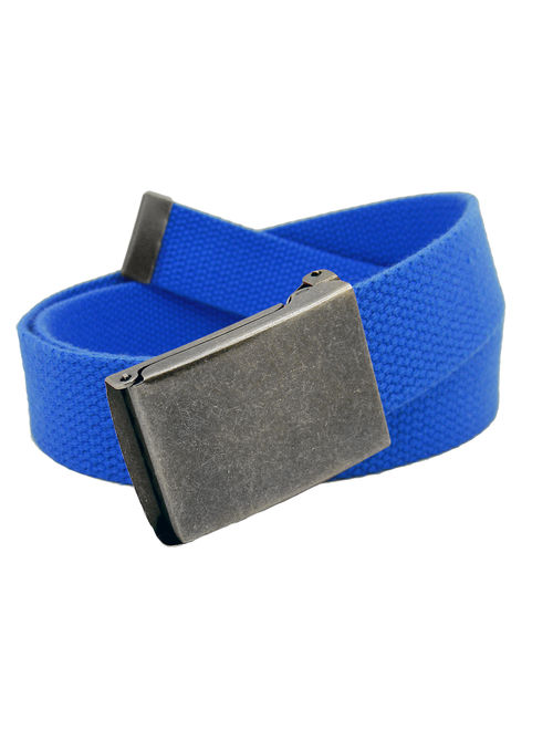 Men's Distressed Silver Flip Top Military Belt Buckle with Canvas Web Belt Small Royal Blue