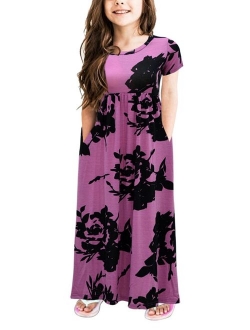 GORLYA Girl's Short Sleeve  Loose Casual Holiday Long Maxi Dress with Pockets 