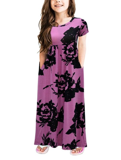 GORLYA Girl's Short Sleeve  Loose Casual Holiday Long Maxi Dress with Pockets 