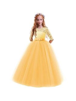 Girls Flower Floral Lace 3/4 Sleeves Floor Long Princess Dress Wedding Party Evening Formal Pegeant Maxi Gown