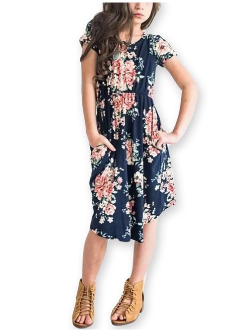 Girls Maxi Dress,Kids Floral Casual T-Shirt 3/4 Sleeve Dresses with Pocket for Girls 6-12T