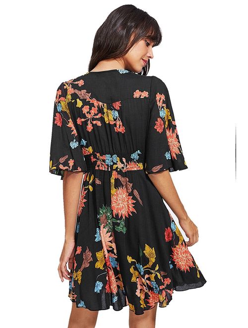 Milumia Women's Boho Button Up Split Floral Print Flowy Party Dress