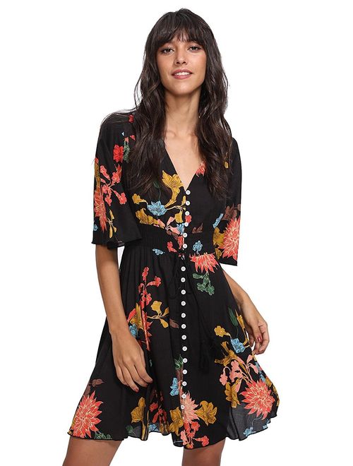 Milumia Women's Boho Button Up Split Floral Print Flowy Party Dress