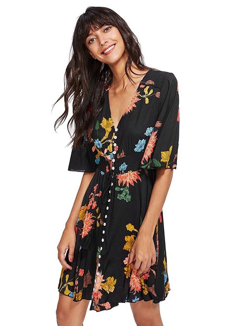 Milumia Women's Boho Button Up Split Floral Print Flowy Party Dress