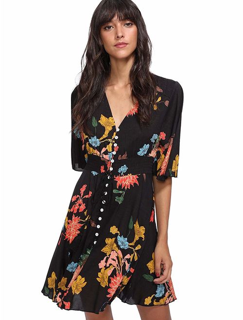 Milumia Women's Boho Button Up Split Floral Print Flowy Party Dress