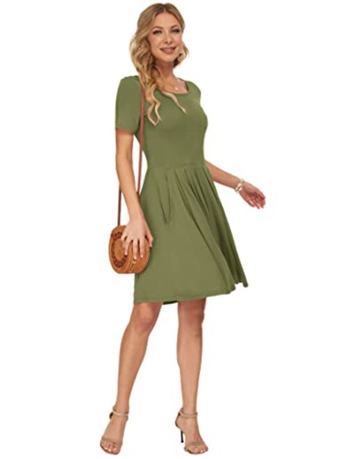 AUSELILY Women's Short Sleeve Pleated Loose Swing Casual Dress with Pockets Knee Length