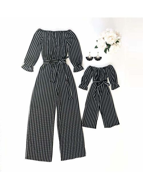 Family Matching Striped Jumpsuit Mommy&Me Off Shoulder Long Sleeve Long Pants Romper with Belt
