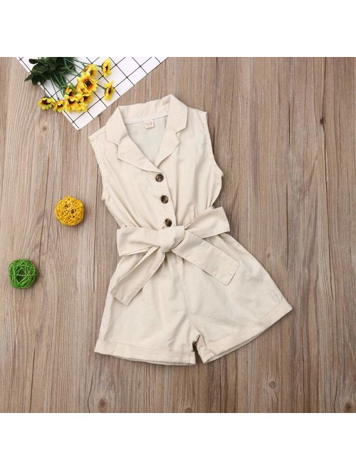 citgeett Toddler Kids Baby Girl Button Sleeveless Ruffle Playsuit Jumpsuit Solid Color Bow Romper Summer Clothes