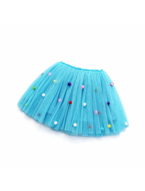 Girls Tutu Skirt Tulle Princess Ballerina Dancing Dress 3-Layer Fluffy Ballet Skirt with Pom Pom Puff Ball