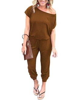 Loose Solid Off Shoulder Elastic Waist Stretchy Long Jumpsuit with Pockets