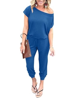 Loose Solid Off Shoulder Elastic Waist Stretchy Long Jumpsuit with Pockets