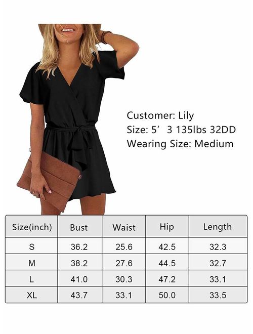 REORIA Womens Summer V Neck Ruffles Short Sleeve Belted Wrap Short Jumpsuit Rompers