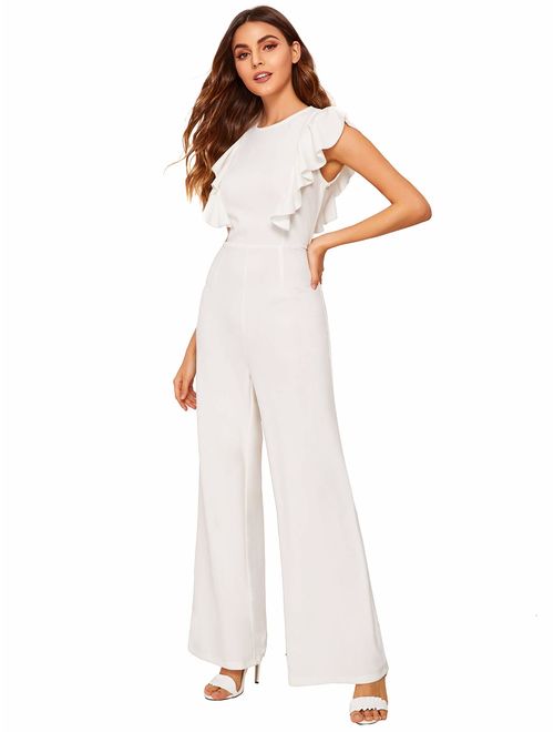 Romwe Women's Sexy Casual Sleeveless Ruffle Trim Wide Leg High Waist Long Jumpsuit