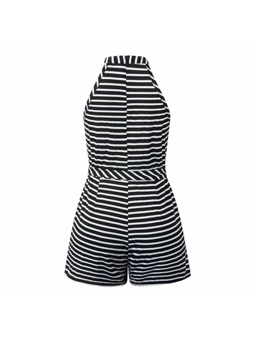PRETTYGARDEN 2019 Women's Striped Sleeveless Waist Belted Zipper Back Wide Leg Loose Jumpsuit Romper with Pockets