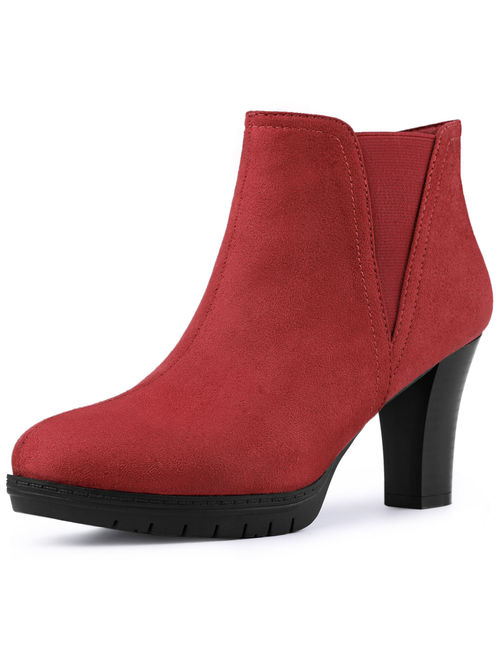 Women's Round Toe Printed Block Heel Platform Chelsea Boots Red (Size 7)