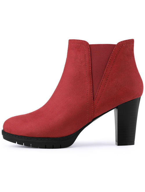 Women's Round Toe Printed Block Heel Platform Chelsea Boots Red (Size 7)