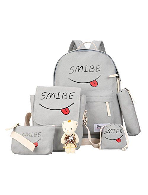 Set of 5 Backpack, Teens School Backpack Set Canvas Girls School Bags, Cute Smibe Bookbags (Smibe, Grey)