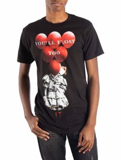 Men's "It" Horror Film Pennywise Clown "You'll Float Too" Red Balloon Short Sleeve Graphic Tee