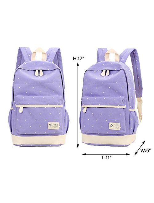 Set of 3 Backpack, Teens School Backpack Set Canvas Girls School Bags, Cute Polka Dot Bookbags (Polka Dot, Dark Blue)