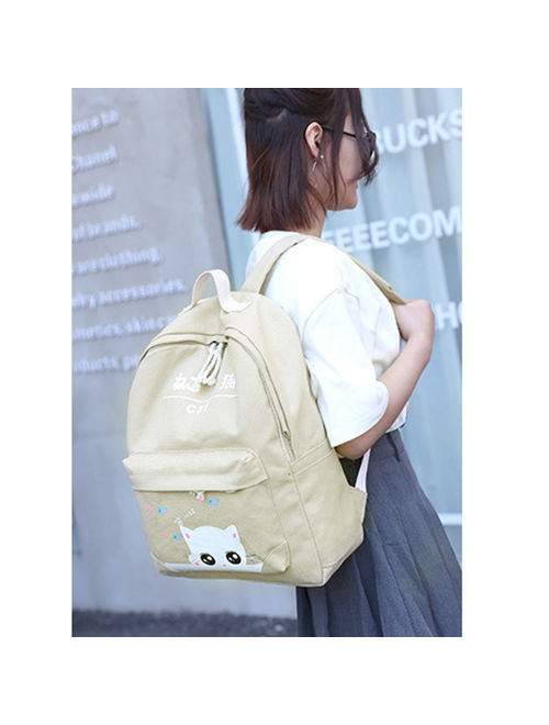 4-in-1 School Backpacks for Girls Shoulder Bags Chic Canvas Backpack Set Casual Student Daypack for Teenage Girls, Cute Cat Pattern, Khaki