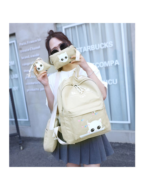 4-in-1 School Backpacks for Girls Shoulder Bags Chic Canvas Backpack Set Casual Student Daypack for Teenage Girls, Cute Cat Pattern, Khaki