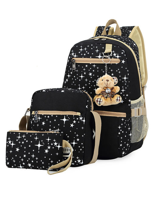 3Pcs Set Womens Canvas Backpack Travel Crossbody Shoulder Book Bags Purse