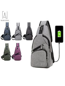 GustaveDesign Men's Sling Daypack Crossbody Chest Backpack with USB Charging for Travel or Hiking-Blue(6.3"*2.7"*12.6")