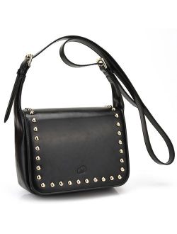 Women's Studded Leather Saddle Bag|Crossbody Purse with Adjustable Strap