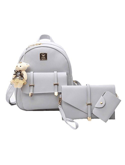 Teens School Backpack Set PU and Nylon Girls School Bags, Bookbags Set of 3, (Light Gray)