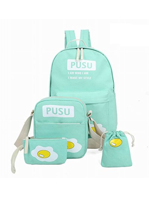 Teens School Backpack Set Canvas Girls School Bags, Bookbags Set of 4 (PUSU, Green)