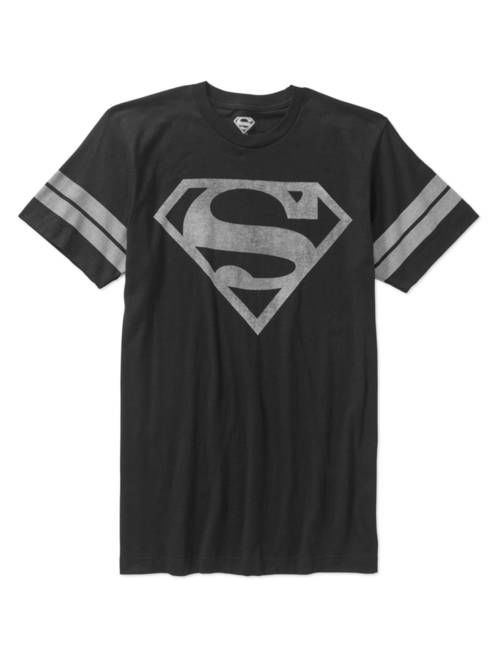 Men's Superman Logo Short Sleeve Distressed Stripe Sleeve Tee