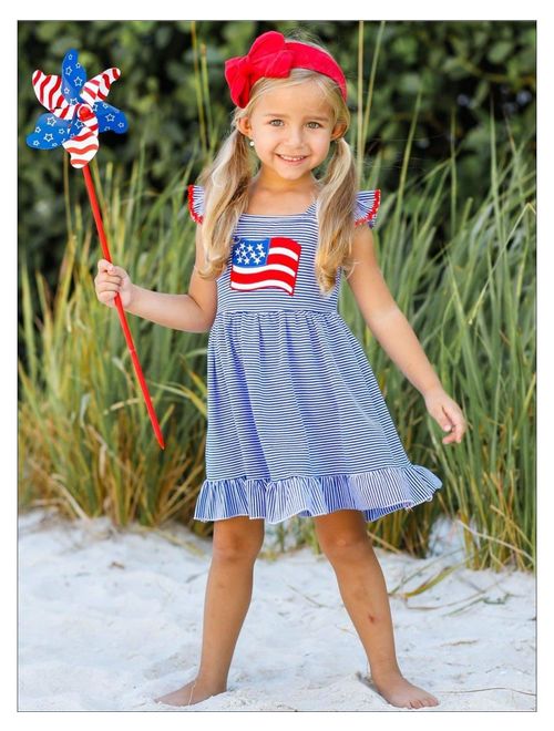 Girls 4th of July Flutter Sleeve Striped American Flag Dress, Size: XS-2T
