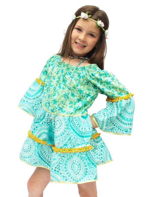 Azul Little Girls Green Boho Chic Pom-Pom Adorned Long Sleeved Dress