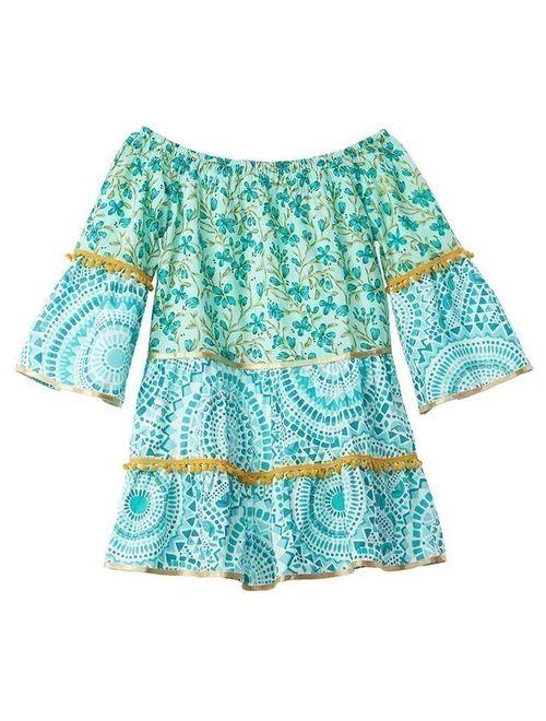 Azul Little Girls Green Boho Chic Pom-Pom Adorned Long Sleeved Dress