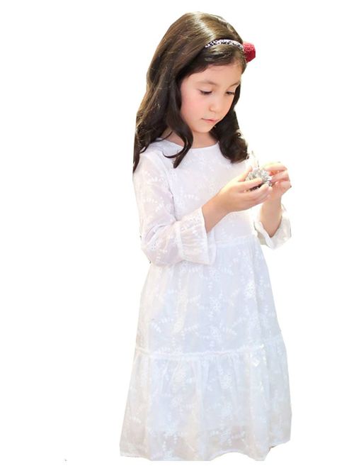 Little Girls White Embroidered Cotton Bell Sleeve Scoop Neck Dress