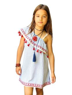 Girls Blue Red Embroidered Strike A Pose Asymmetrical Dress 12/14