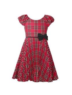 Girls Red Plaid Pattern Bow Accent Christmas Dress