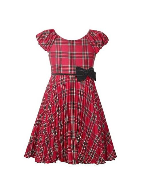 Bonnie Jean Girls Red Plaid Pattern Bow Accent Christmas Dress