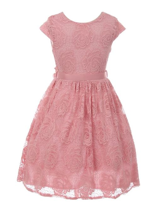 Girls Rose Flower Border Stretch Lace Stylish Special Occasion Dress