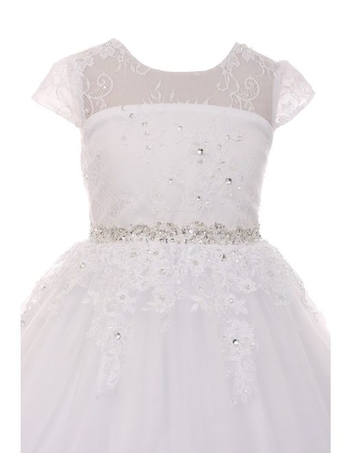 Rain Kids Girls White Illusion Beaded Lace Tulle Communion Dress